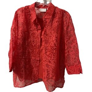 Alfred Dunner Bright Red Sheer Floral Button-Front Blouse